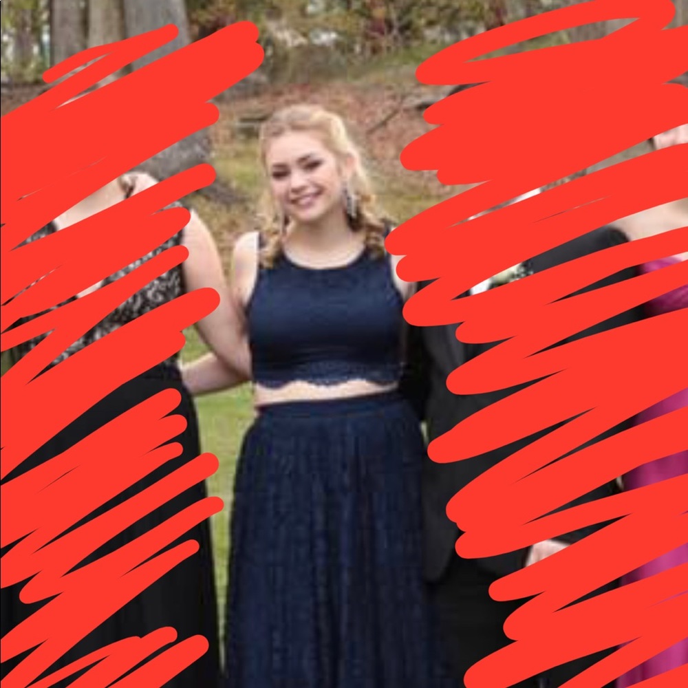Navy Blue Lace Two-Piece Full Skirt Prom Dress Size 7 or 6/8